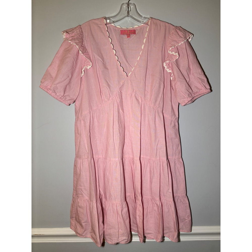 Simply Southern Dress Womens Small Pink Tiered Ruffle Scallop V-Neck Cotton Mini